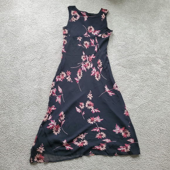 90s Fairy Grunge Whimsigoth Dress 14 Black Floral Grunge Romantic Maxi Silk - Picture 2 of 11